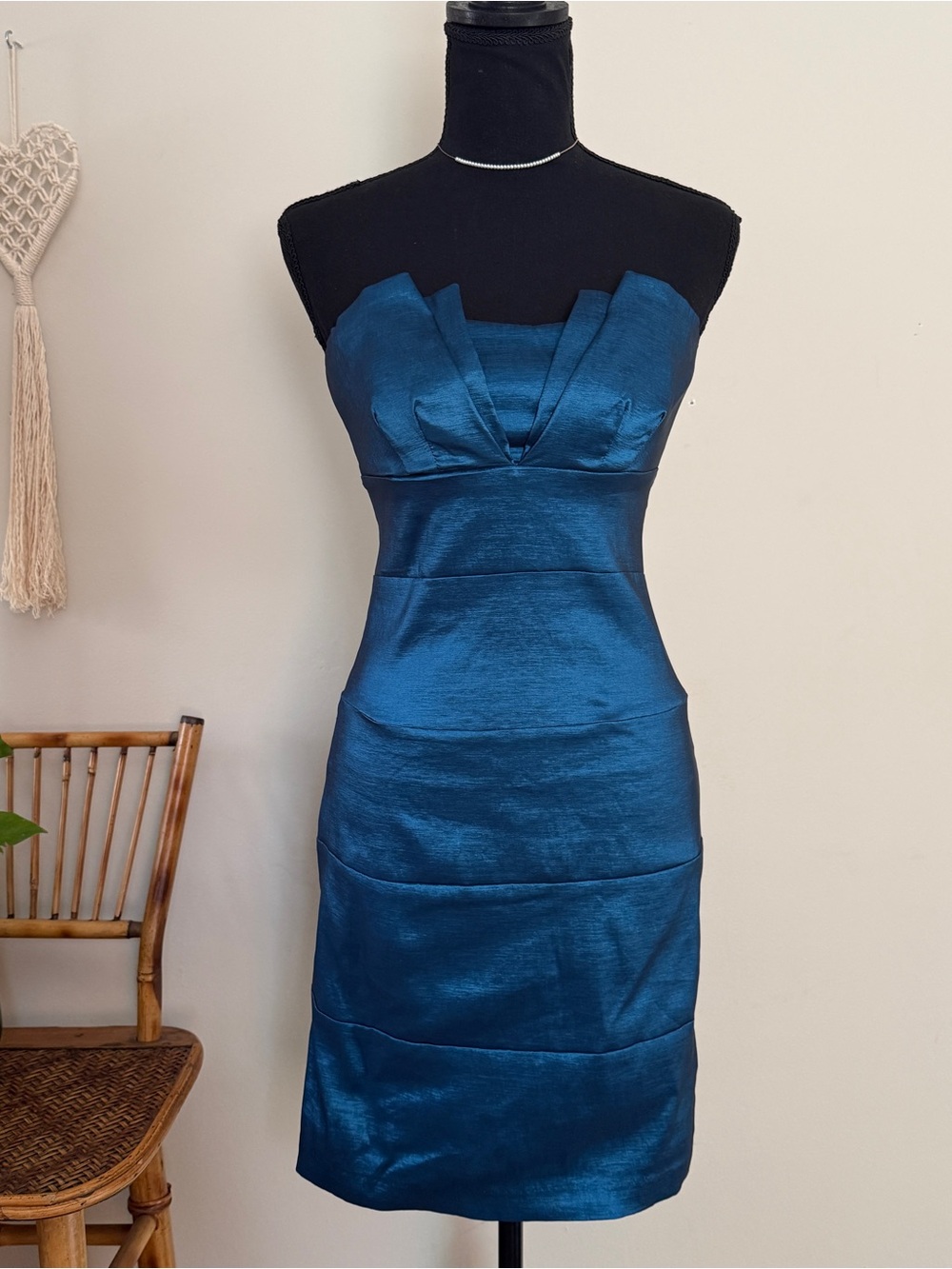 Y2K Strapless Teal Satin Sheath Dress